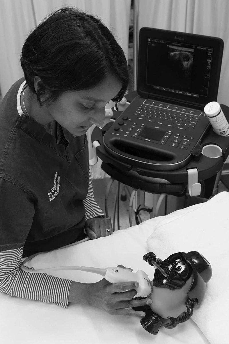 person performing ultrasound on a Mr. Potato Head doll